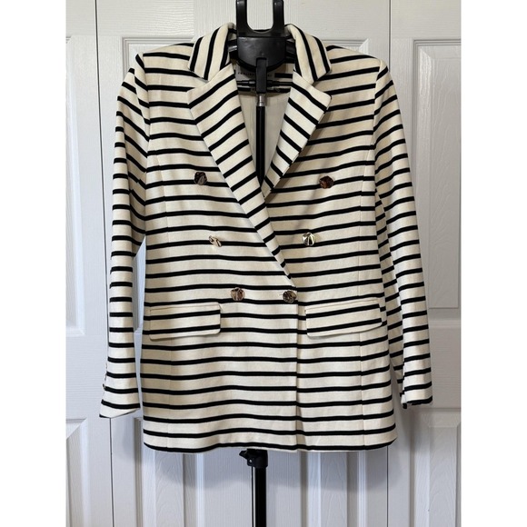 English Factory Jackets & Blazers - English Factory Womens Blazer Jacket Medium Cream Black Striped Double Breasted
